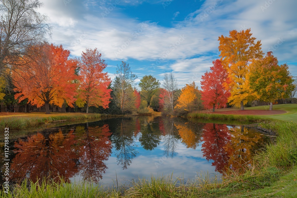 A serene autumn landscape with a calm pond