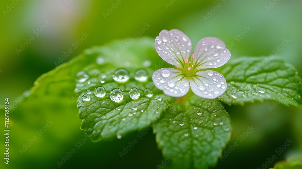 Delicate Pink Flower with Dew Drops on Green Leaves in a Lush Natural Setting, Capturing the Beauty of Spring and Refreshing Nature Delicate Pink Flower with Dew Drops on Green Leaves in a Lush Natural Setting, Capturing the Beauty of Spring and Refreshing Nature