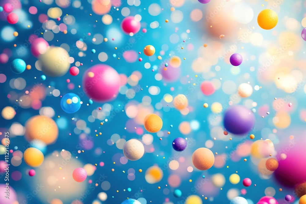 Bright colorful spheres floating in blue bokeh background Bright colorful spheres floating in blue bokeh background
