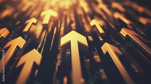 Golden arrows emerge from a dark digital backdrop, representing advancement and success in the world of business and technology