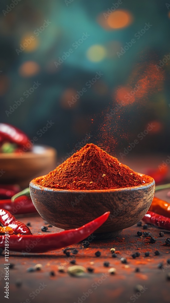 Chili powder in wooden bowl on a dark background. Selective focus. Chili powder in wooden bowl on a dark background. Selective focus.