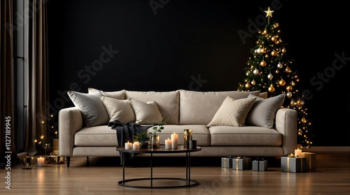 A modern living room with a beige sofa featuring soft cushions, set against a sleek black background that exudes elegance and contrasts beautifully with the festive elements. A stunning Christmas tree photo