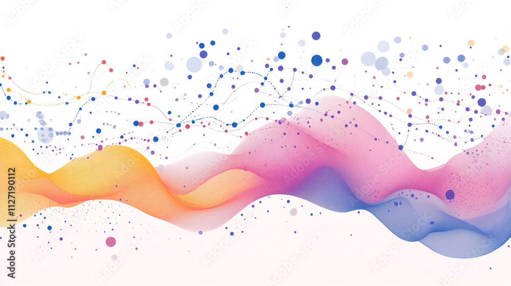 Obraz premium Vibrant abstract waves and interconnected dots form a visual depiction of data flow and dynamic connections