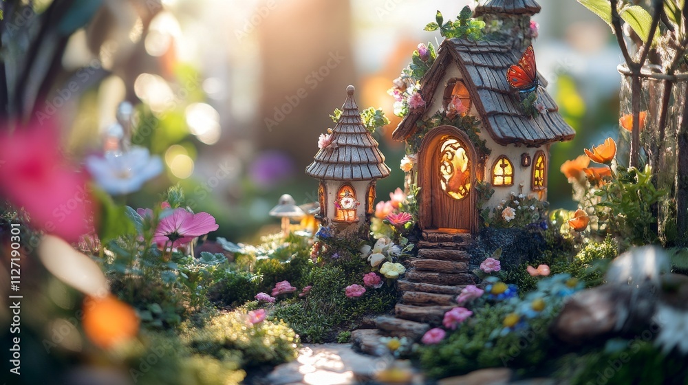 Obraz premium A whimsical fairy tale cottage surrounded by vibrant flower and greenery.