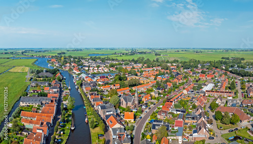 Aerial panorama from the little village IJlst in Friesland The Netherlands