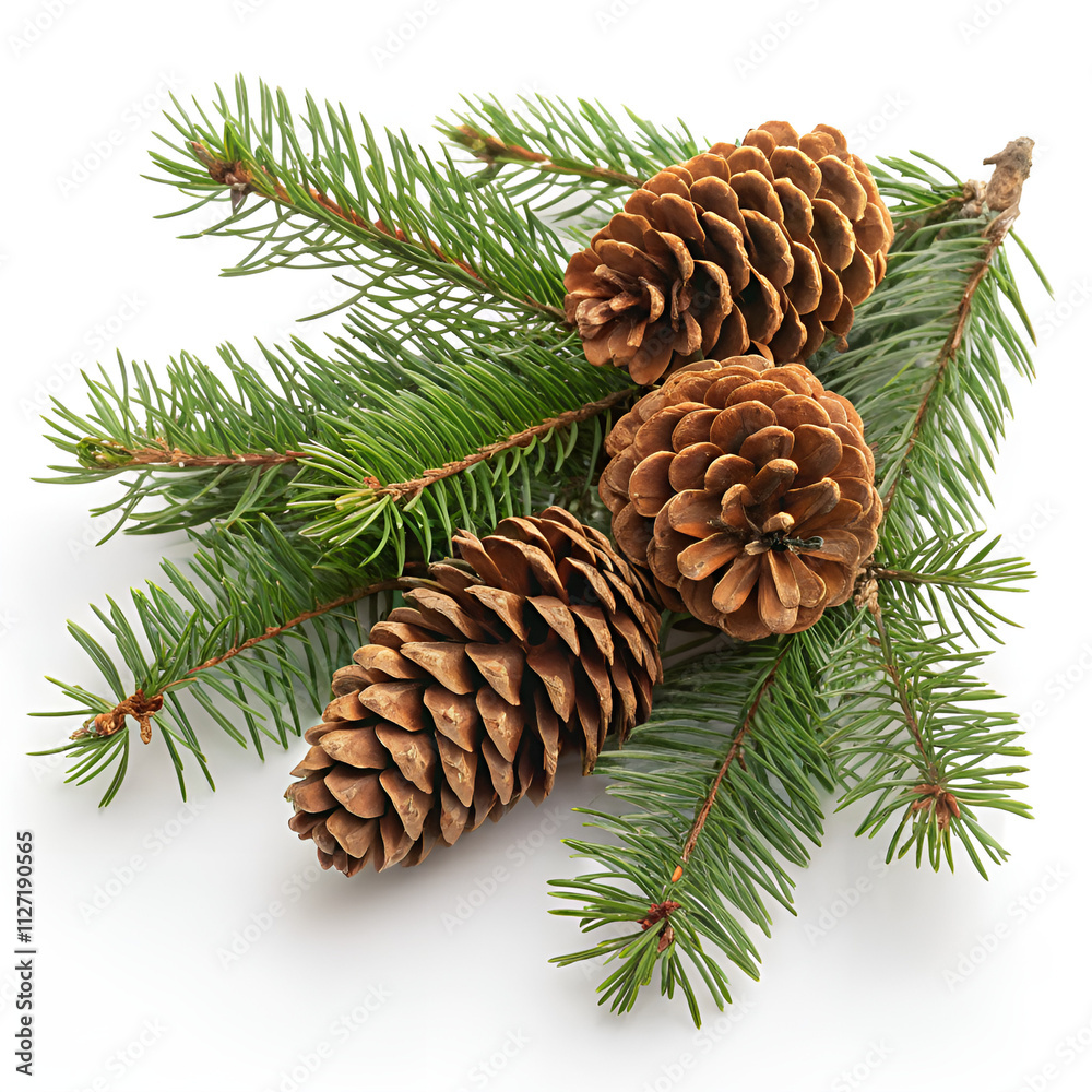 Spruce branch with cones close-up on white background. Spruce branch with cones close-up on white background.