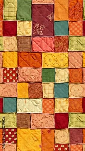 Colorful patchwork quilt with various fabric patterns and textures. photo