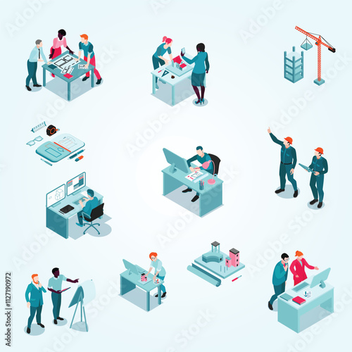 Architect creating project concept designing buildings with 3d computer software visiting construction site isometric set vector illustration