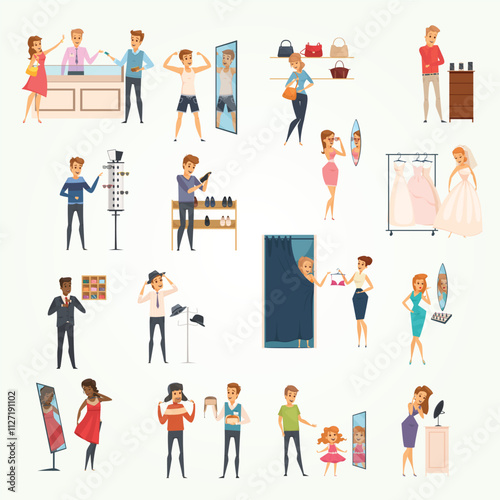 Colored and isolated trying shop flat people icon set with trying on clothes in store