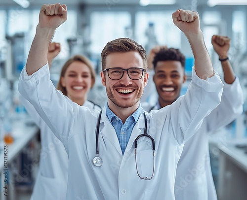 A group of happy doctors celebrating in the laboratory, wearing white coats and glasses, raising their arms with fists raised high photo