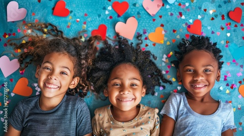 Kids creating colorful valentine s day crafts with paper hearts and sparkling glitter decorations photo