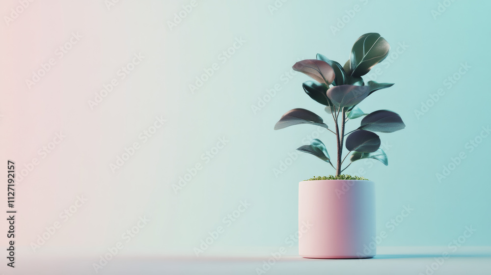 Vibrant contrast: modern pink potted plant with large leaves stands out against gradient background