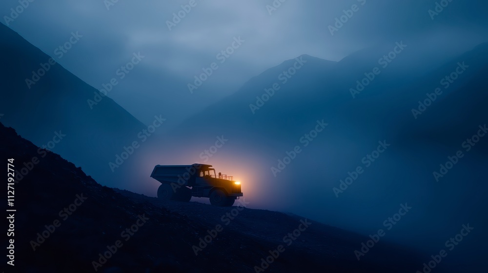 Mining Truck at Dusk Dramatic Mountain Landscape