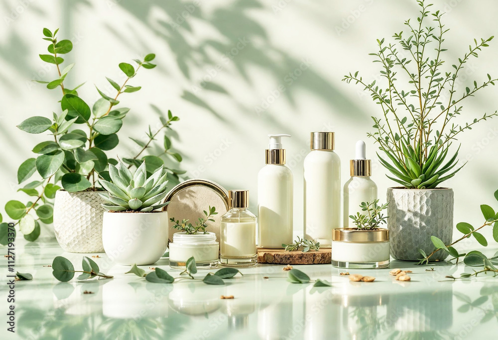 Natural Skincare Products with Greenery Background Natural Skincare Products with Greenery Background