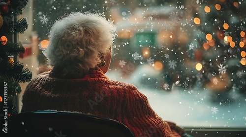 Elderly woman looking out snowy window at Christmas lights.