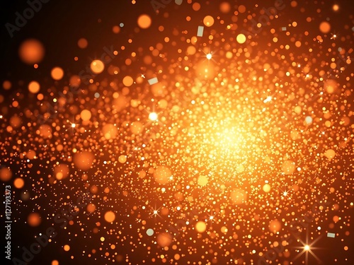 Abstract gold and orange glitter particles burst.