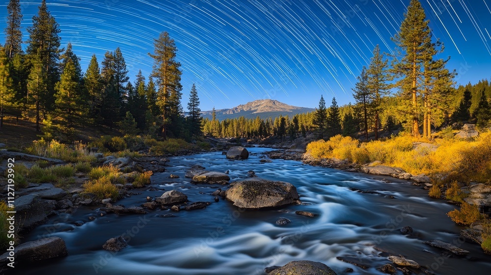 Obraz premium A serene landscape featuring a river, trees, and star trails over a mountain at night.
