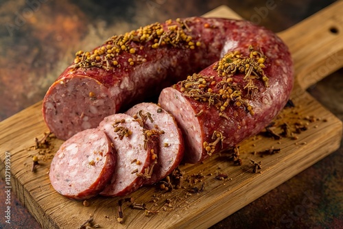 a sliced sausage filled with herbs and spices