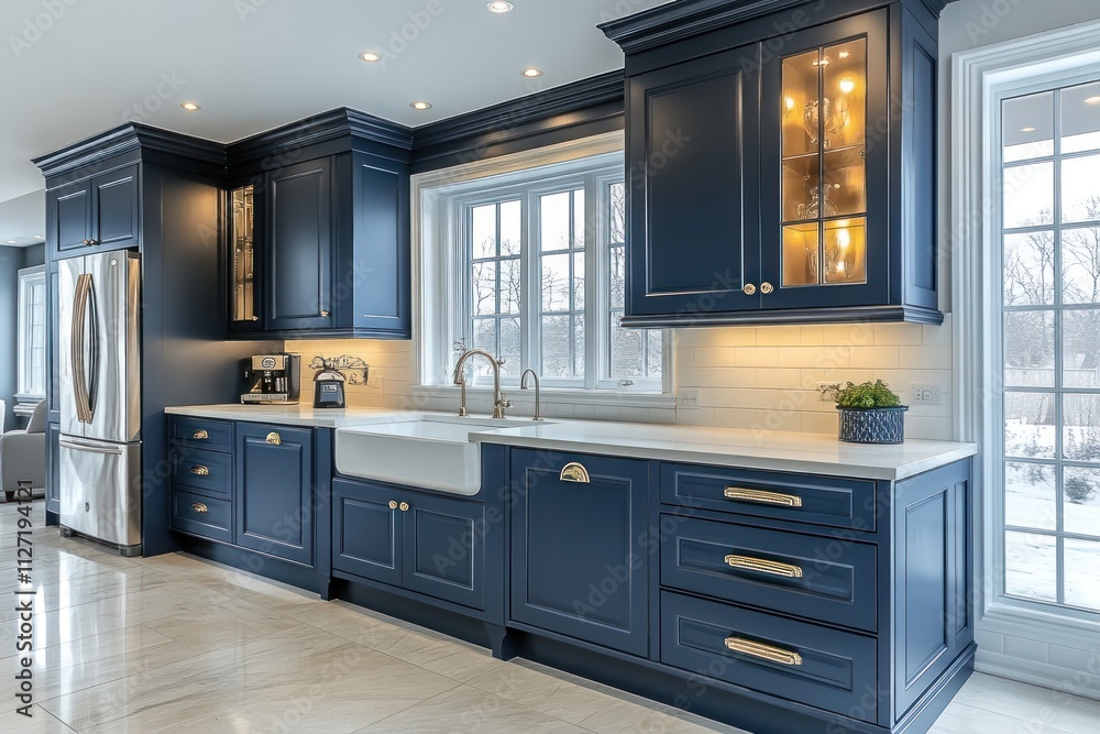Modern navy kitchen with white quartz countertops, farmhouse sink, gold hardware, and natural light. Modern navy kitchen with white quartz countertops, farmhouse sink, gold hardware, and natural light.