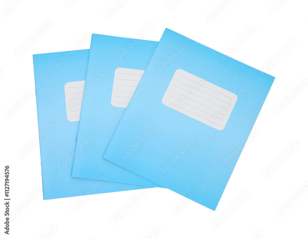 Blue copybooks isolated on white, top view. School stationery Blue copybooks isolated on white, top view. School stationery