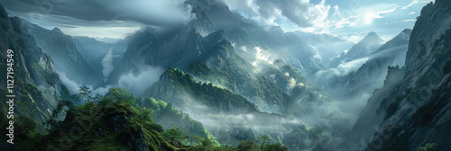 Ultra Wide Painting of Mountain and Large Nature Landscape Illustration