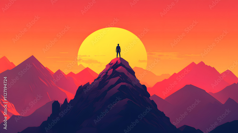 Silhouette Man Stands Alone Atop Mountain Peak Sunset Silhouette Man Stands Alone Atop Mountain Peak Sunset