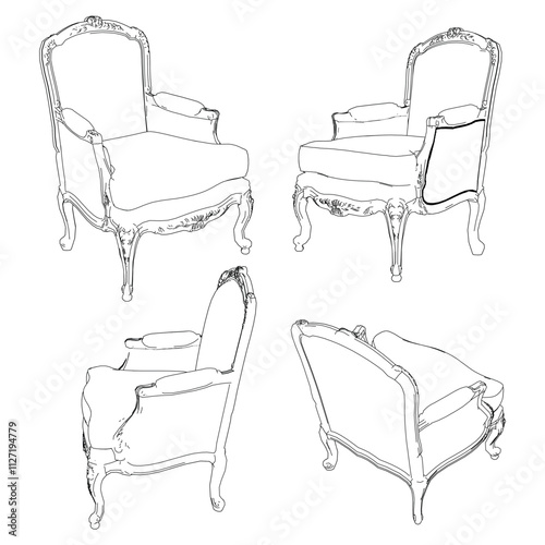 Vintage armchair vector set. Baroque and classic style sketches for luxurious home interiors. Ideal for traditional furniture enthusiasts.