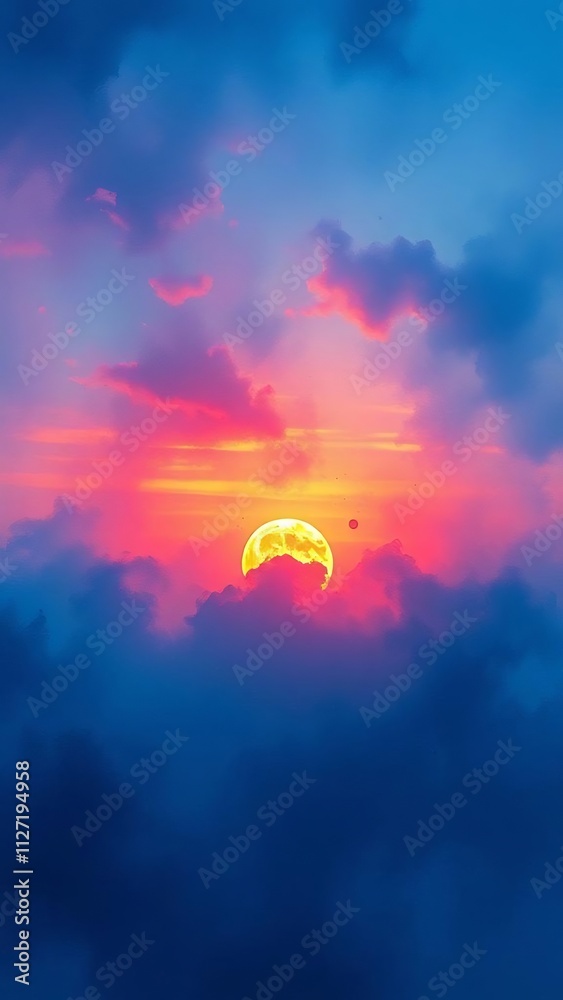 Vibrant sunset with a large, yellow moon partially hidden behind clouds. Vibrant sunset with a large, yellow moon partially hidden behind clouds.