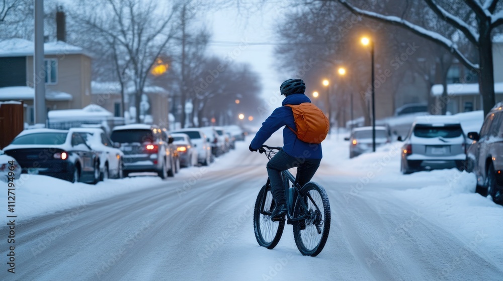 Obraz premium Pedaling Through Winter Streets at Twilight