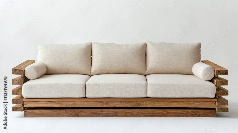 Modern wooden sofa with off-white cushions. Modern wooden sofa with off-white cushions.