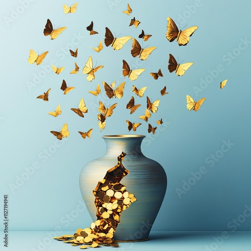 Fractured vase spilling gold that turns into butterflies mid-air photo