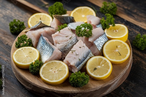 chunks of fish, lemon slices, and parsley garnish isolated on a black rustic background photo