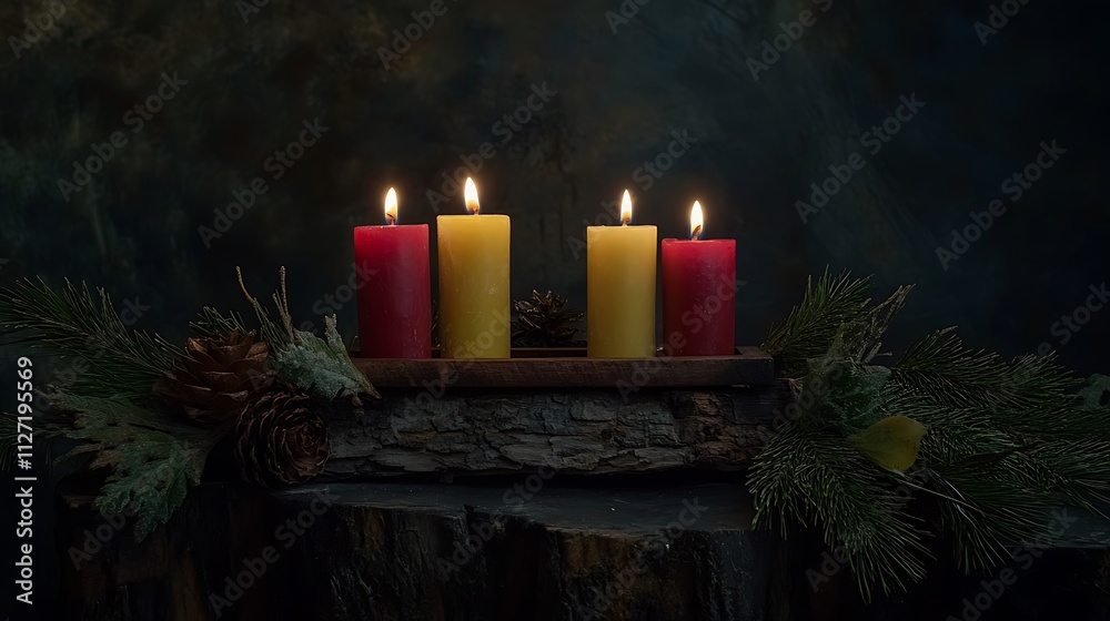 Four lit candles, red and yellow, on rustic wooden holder with pine cones and branches. Four lit candles, red and yellow, on rustic wooden holder with pine cones and branches.