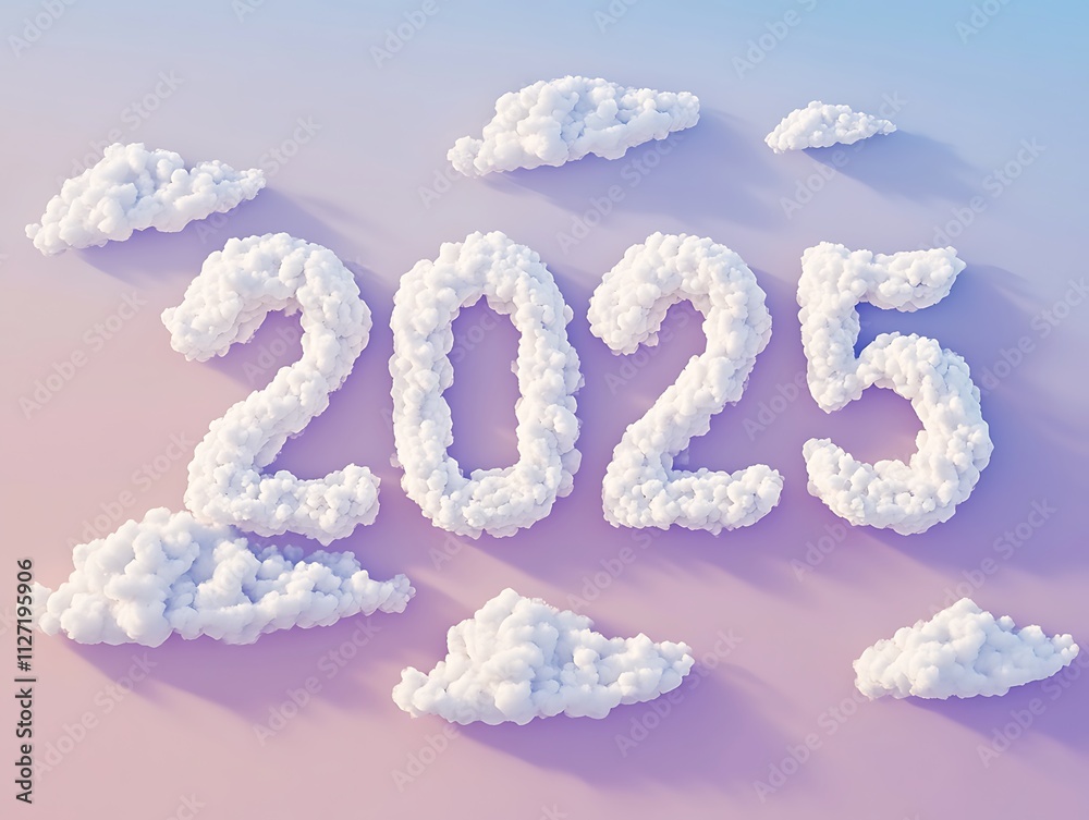 Naklejka premium A soft pastel gradient sky with clouds spelling out 2025in fluffy white formations