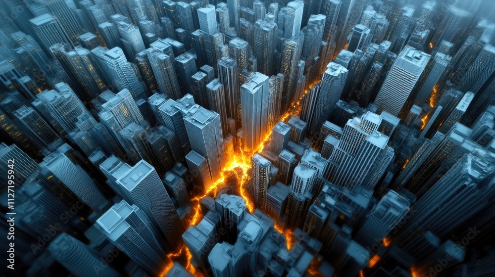 Fototapeta premium Dusk Glow Over City as Tectonic Plates Rip Apart
