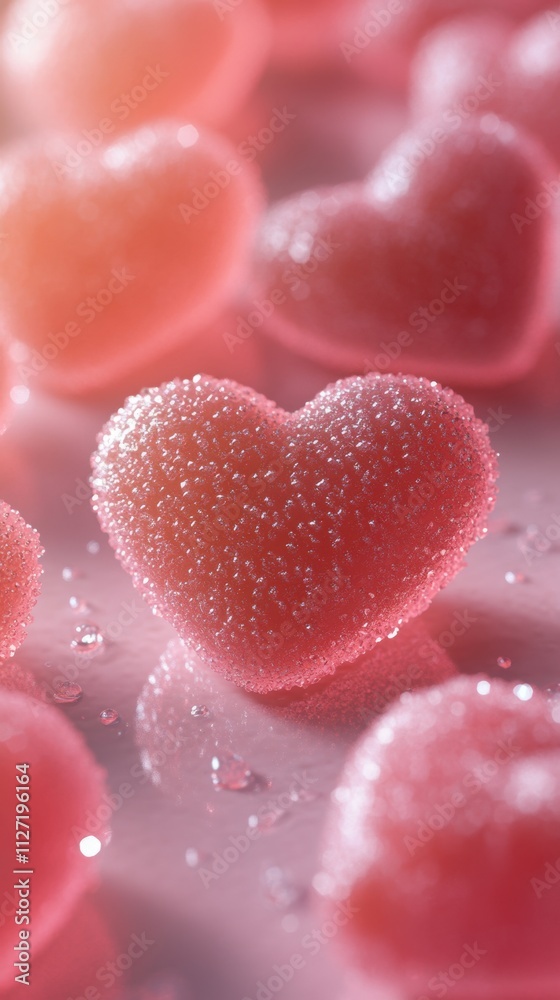 Close-up of pink strawberry-shaped and heart-shaped gummies coated in fine sugar crystals, showcasing their soft texture, vibrant color, and sparkling details in a scattered arrangement. Close-up of pink strawberry-shaped and heart-shaped gummies coated in fine sugar crystals, showcasing their soft texture, vibrant color, and sparkling details in a scattered arrangement.