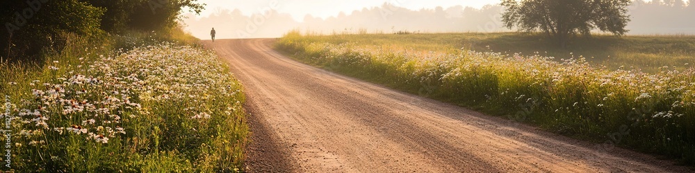 Naklejka premium Serene country road in misty golden sunrise