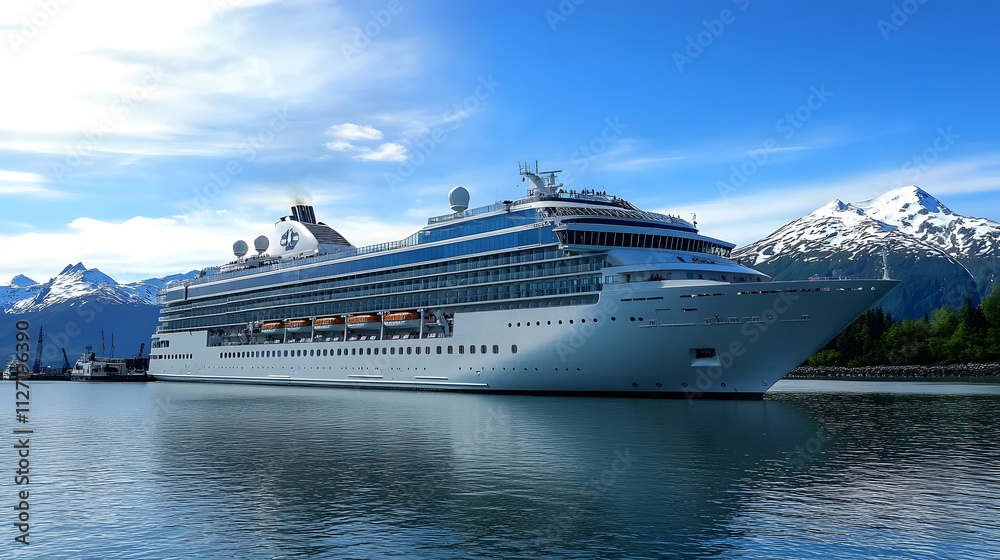 Luxury cruise ship docked in scenic Alaskan bay with mountains. Luxury cruise ship docked in scenic Alaskan bay with mountains.