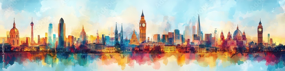 Fototapeta premium Colorful panoramic skyline painting of famous landmarks