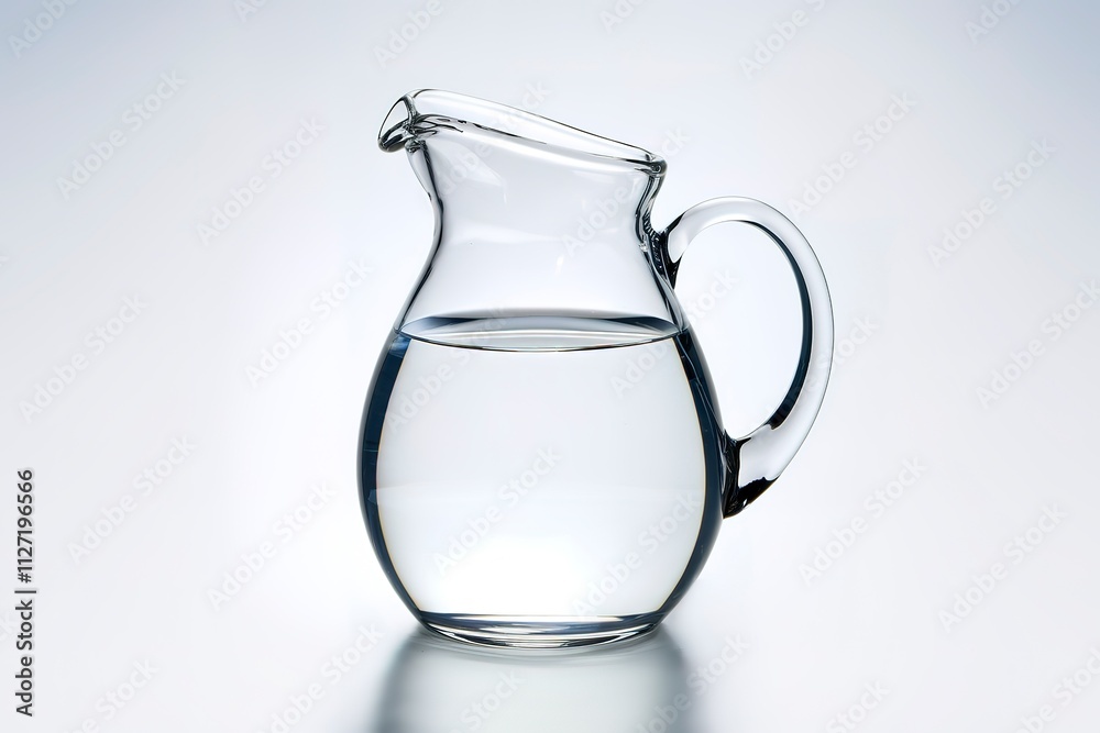 A clear glass pitcher filled with water, isolated on a white background A clear glass pitcher filled with water, isolated on a white background