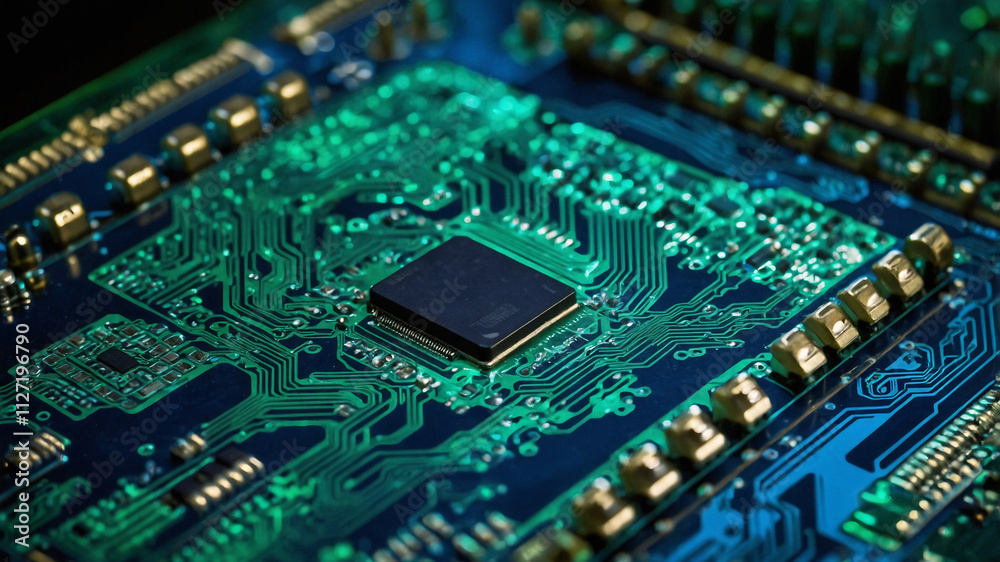 A circuit board glowing in shades of blue and green with intricate details
A circuit board glowing in shades of blue and green with intricate details