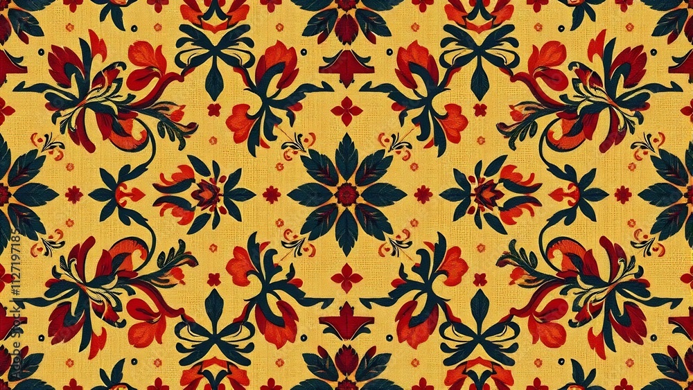 Ornate floral damask pattern in red, teal, and gold. Ornate floral damask pattern in red, teal, and gold.