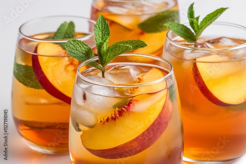 A medium shot of three glasses filled with a golden-hued iced tea