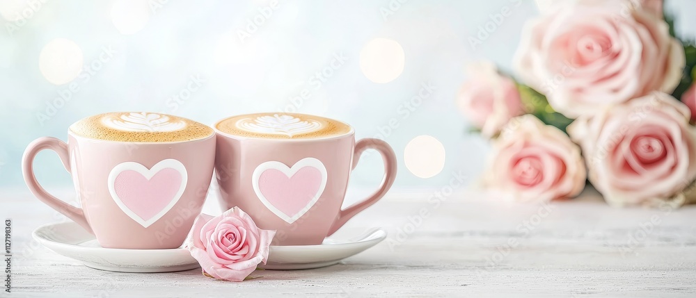 Heartfelt Love Over Coffee A Romantic Valentine's Day Scene with Heart-Shaped Cups and Roses Inviting Cozy Moments and Cherished Memories Heartfelt Love Over Coffee A Romantic Valentine's Day Scene with Heart-Shaped Cups and Roses Inviting Cozy Moments and Cherished Memories