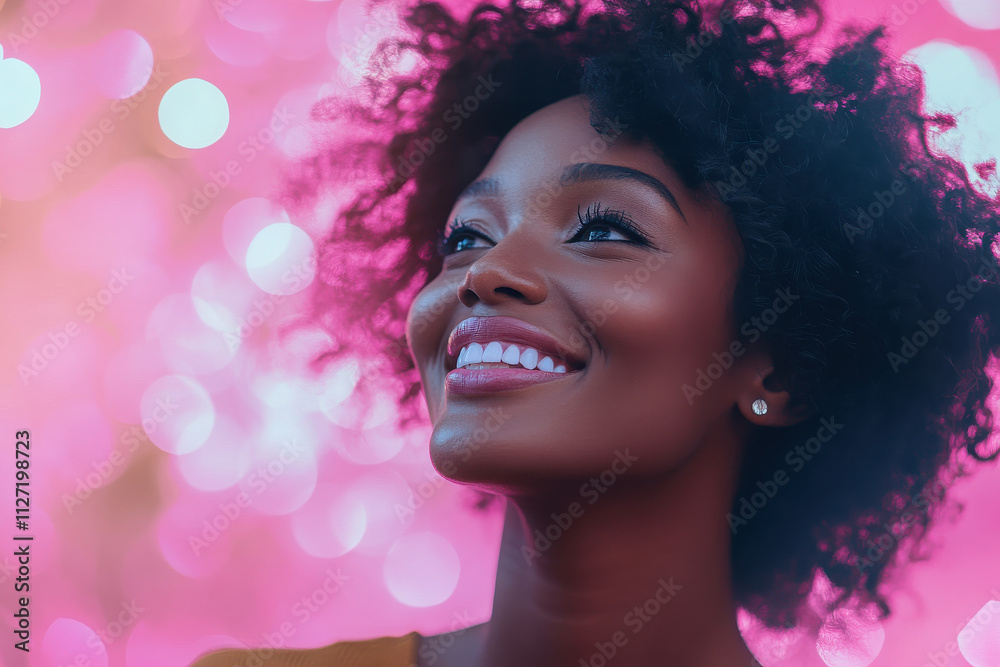 A smiling woman with curly hair against a vibrant pink bokeh background.