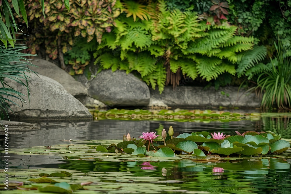 A photo of a serene pond surrounded by lush greenery. A photo of a serene pond surrounded by lush greenery.