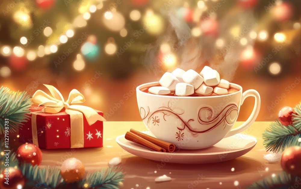 Fototapeta premium A cup of steaming cocoa with marshmallows and cinnamon on christmas background