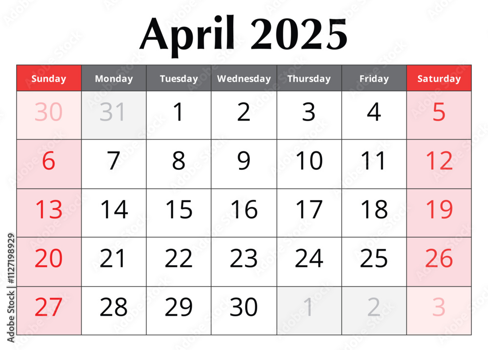 Calendar for April 2025. Design vector illustration. English page of spring month
