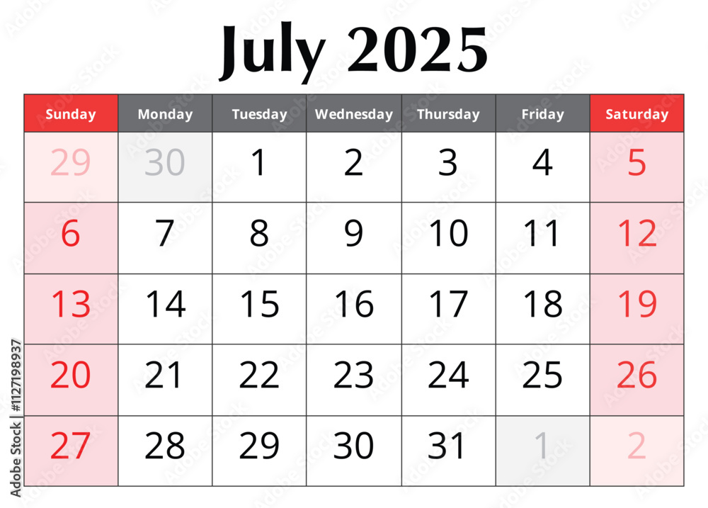 Calendar for July 2025. Design vector illustration. English page of summer month Calendar for July 2025. Design vector illustration. English page of summer month