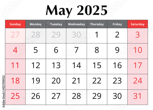 Calendar for May 2025. Design vector illustration. English page of spring month